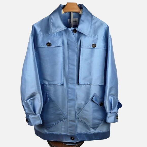 NWT Brognano Safari Jacket Sz S to XL Oversized Light Blue Satiny Designer Italy - Picture 2 of 14